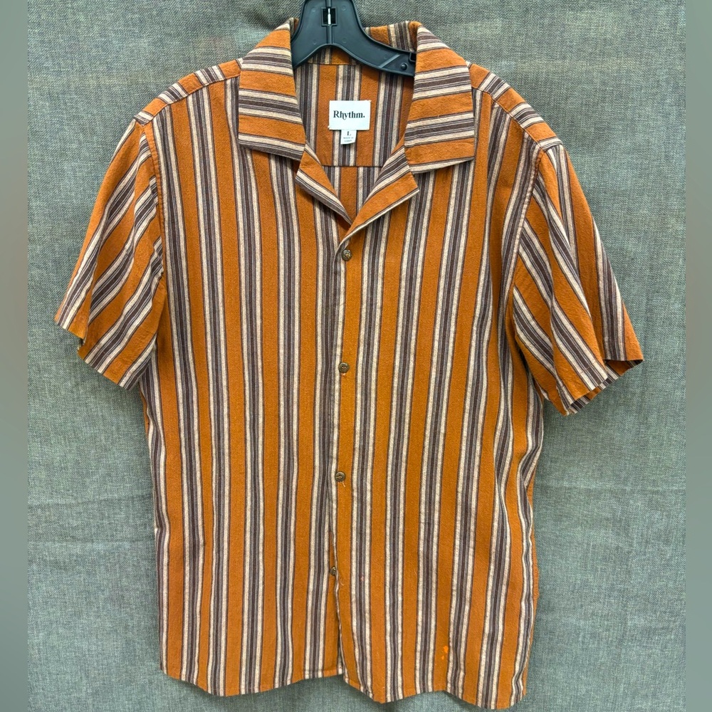 Rhythm mens short sleeved linen top orange grey striped